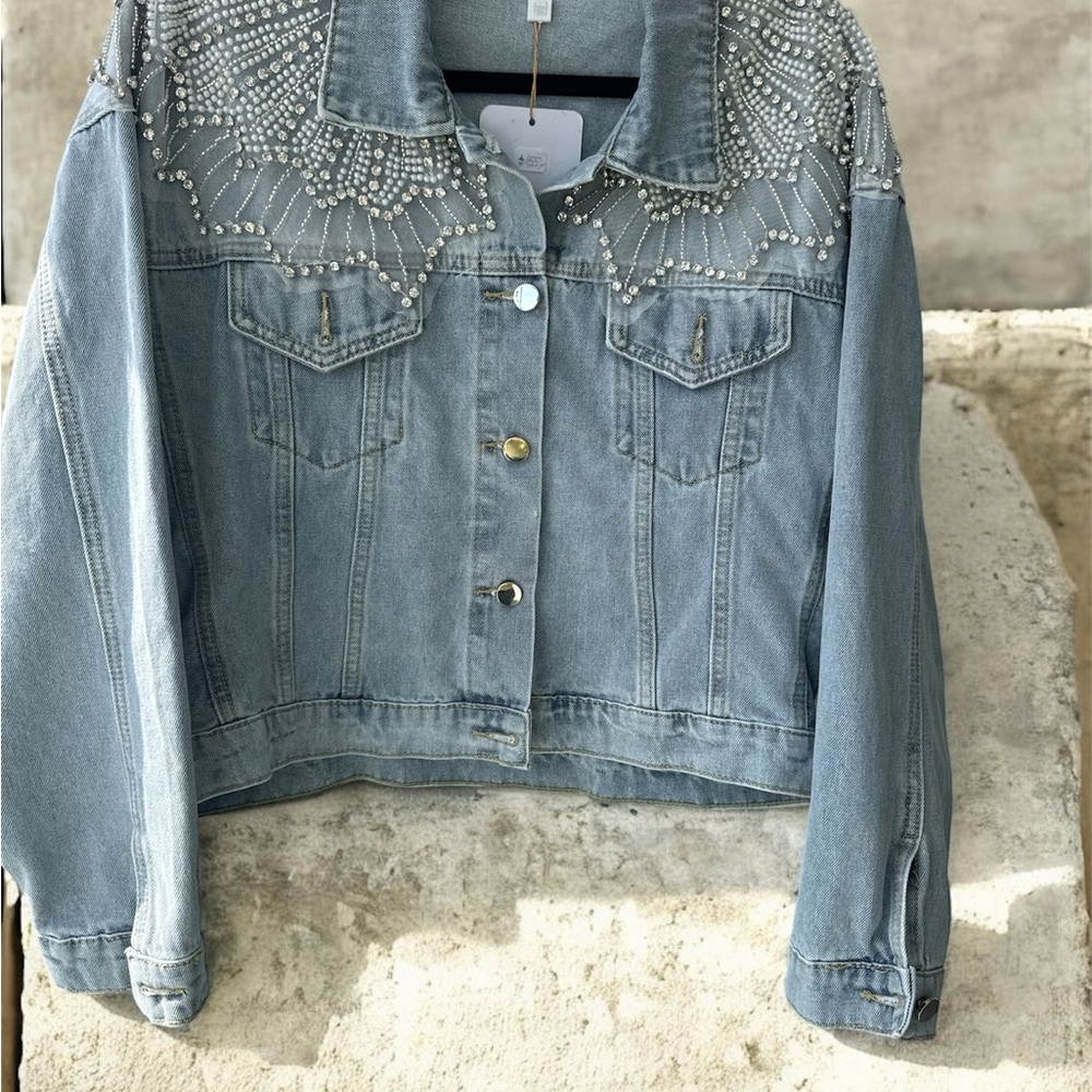 Light Blue Embellished Denim Jacket - Women